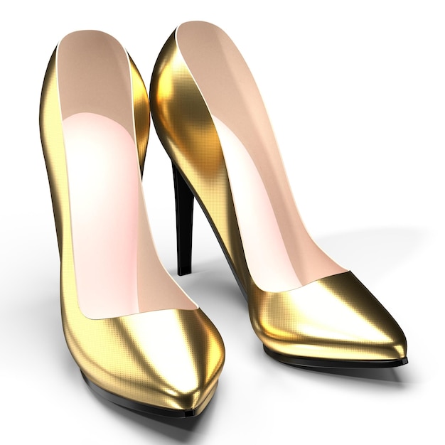 Pair of golden high heel shoes isolated on white background