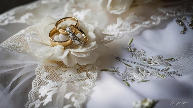 Pair of golden wedding rings on lace silk fabric with fabric flower