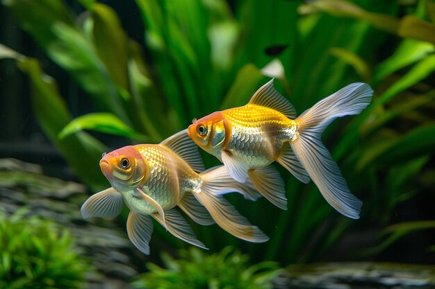 Pair of goldfish swimming together in perfect harmony