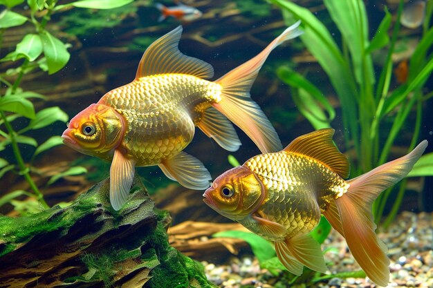 Photo pair of goldfish swimming together in a synchronized pattern
