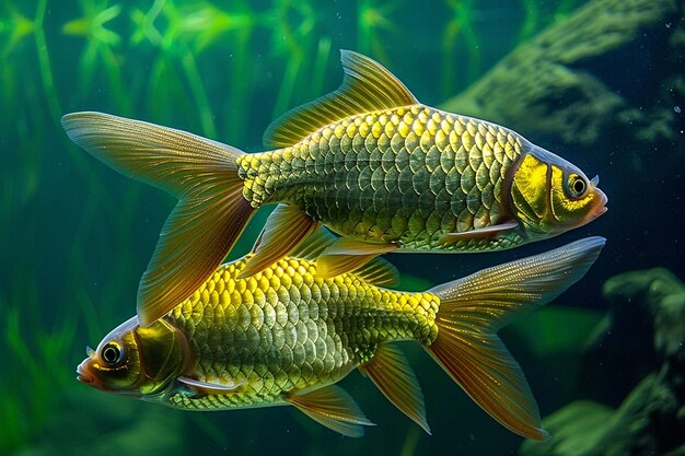 Pair of goldfish swimming together in a synchronized pattern