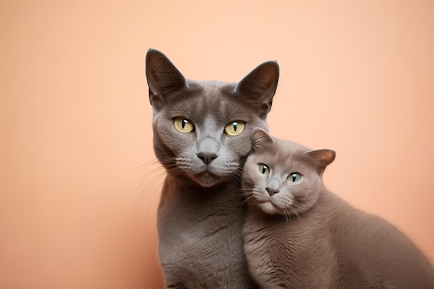 Pair of gray british cats sitting close to each other on pink background