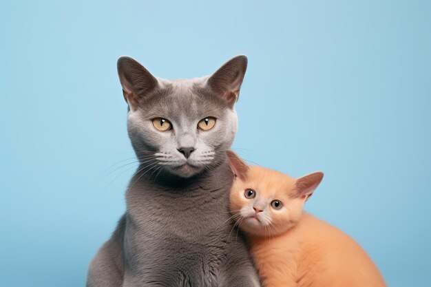 Pair of gray british and pink cats sitting close to each other on blue background