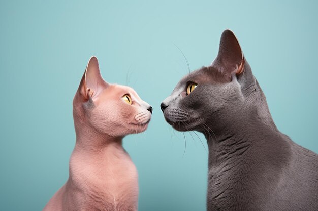 Pair of gray and pink british cats sitting close to each other on blue background