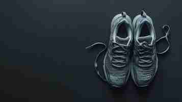 Photo a pair of gray running shoes with untied shoelaces on a black background