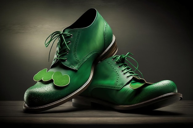 녹색 끈이 달린 녹색 신발 한 켤레와 그 위에 leprechaun이라는 단어가 있습니다.