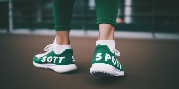 A pair of green sneakers with the word spt on them.