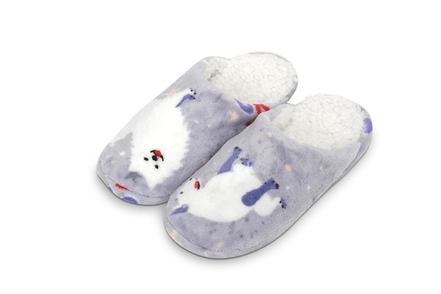 A pair of grey snowman slippers with a red nose and a red nose.
