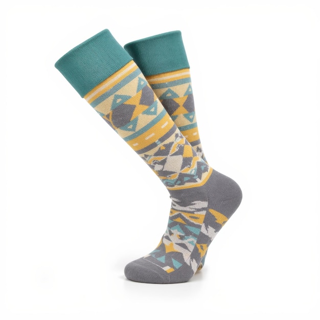 pair of grey and yellow geometric pattern kneehigh socks