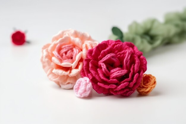 A pair of handmade felt flowers are on a table.