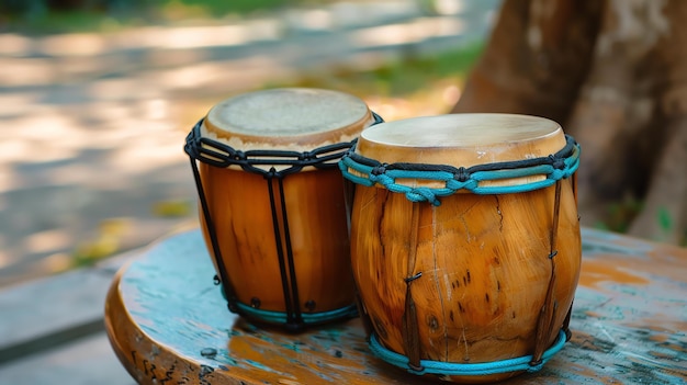 Foto un paio di bongo in legno fatti a mano con corde blu seduti su un tavolo di legno all'aperto lo sfondo è sfocato con un tocco di fogliame verde