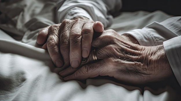 A pair of hands are on a bed, the hands of an elderly person are holding them.
