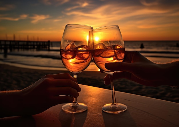 A pair of hands clinking glasses of Sex on the Beach with a stunning sunset as the backdrop