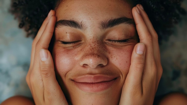 Photo a pair of hands cupping a persons face with closed eyes and a peaceful smile