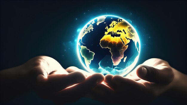 A pair of hands gently cradling a glowing sphere representing the world