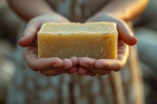 A pair of hands holding a bar of fresh aromatic soap