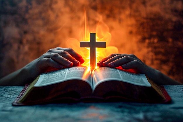 Photo pair of hands positioned on either side of an open book which is illuminated by a glowing cross