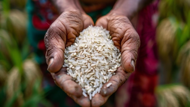 A pair of hands tenderly cradling a handful of freshly harvested rice a symbol of hard work and sustenance