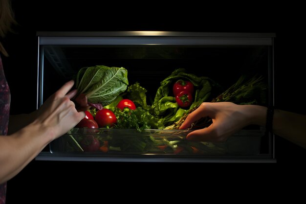 Foto un paio di mani che scelgono il cibo nel frigorifero