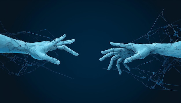 a pair of hands trying to reach each other in a Blue Monday theme