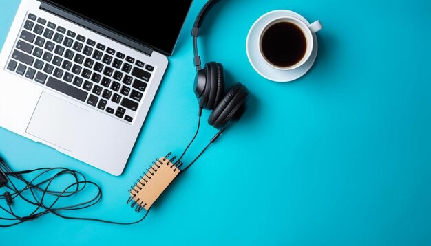 A pair of headphones are on a blue table.