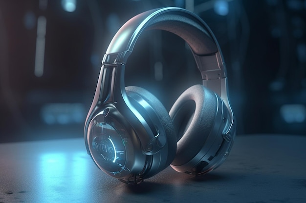 A pair of headphones on a dark surface with a blue background