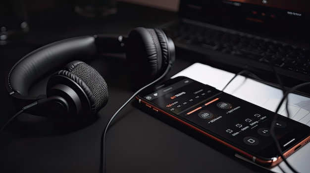 Photo a pair of headphones sit on a desk next to a laptop.