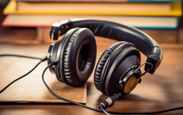 A pair of headphones sitting on top of a wooden table AI