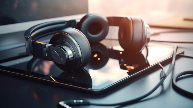 A pair of headphones on a tablet with a reflection of the sun shining on the screen.