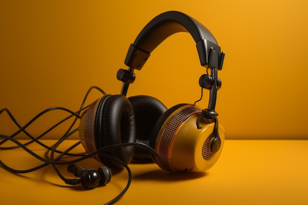 A pair of headphones with a black headphone on a yellow background.