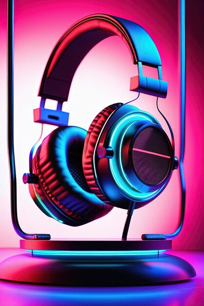 Photo a pair of headphones with a blue neon light behind them.