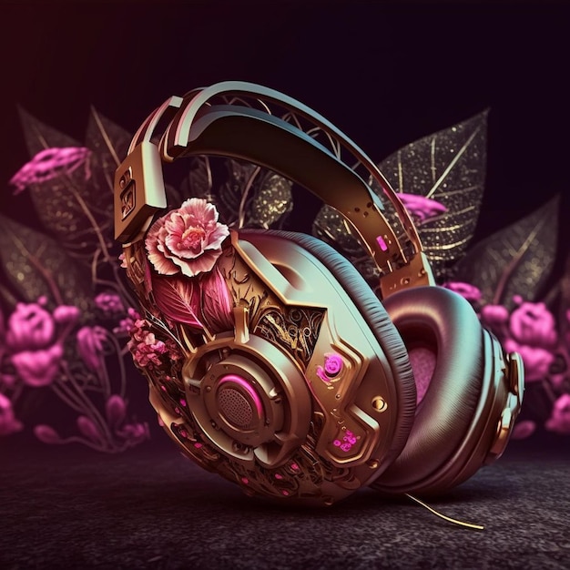 A pair of headphones with a flower on the front.