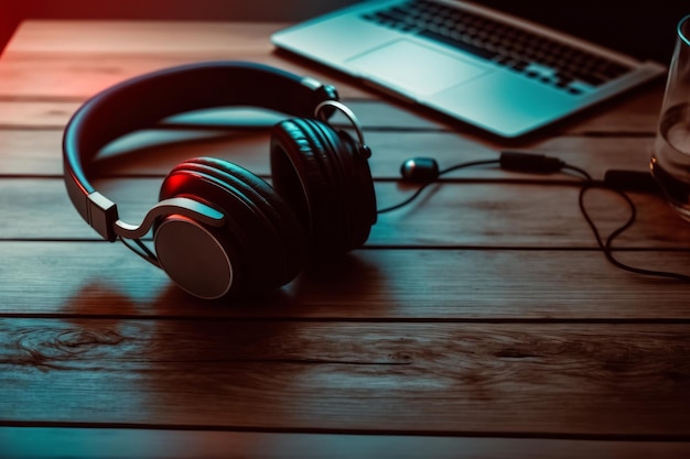 Pair of headphones on wooden table next to laptop Generative AI