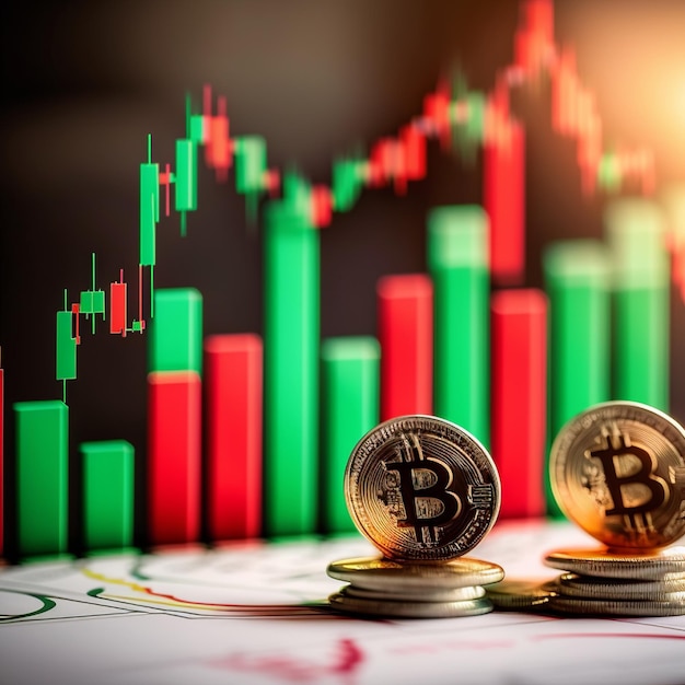 Photo pair of heap of glossy bitcoins placed against blurred background of multicolored charts generative ai illustration