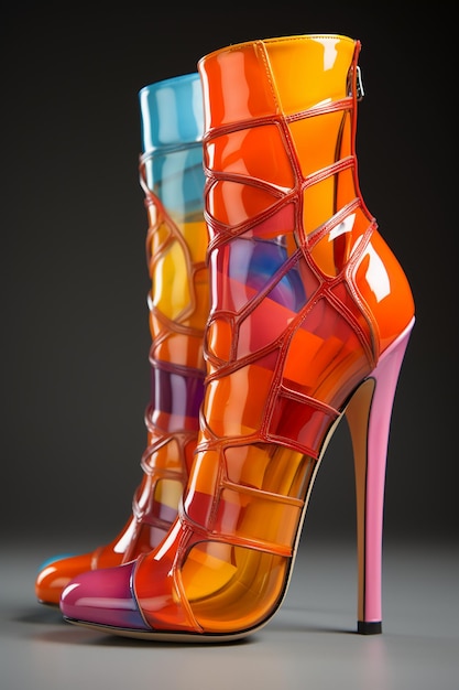 a pair of high heeled boots by fashion designer.