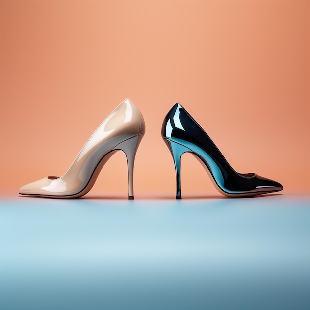 a pair of high heeled shoes are on a blue surface.