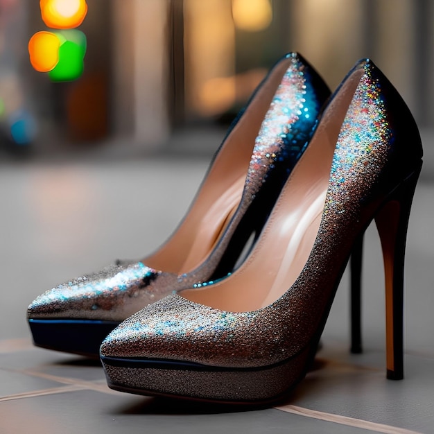 A pair of high heeled shoes with a black top and blue bottom.