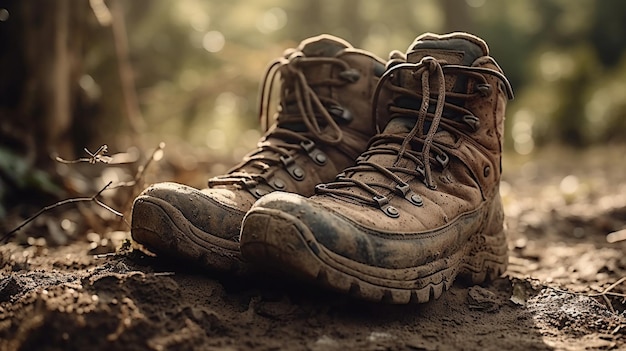 A pair of hiking boots on a muddy ground