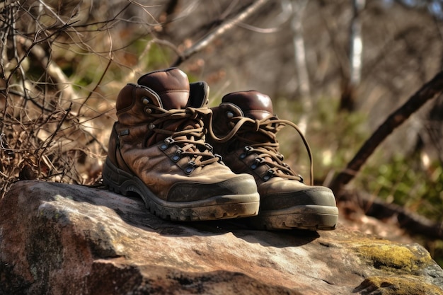 Pair of hiking boots sitting on a rock in a forest