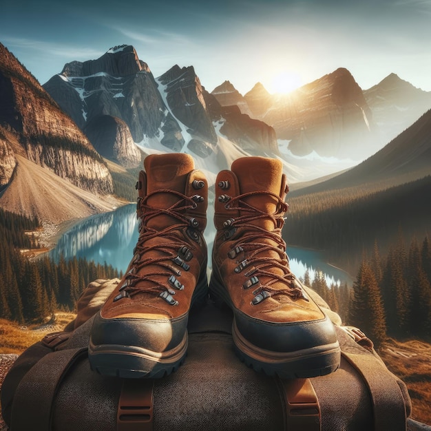 a pair of hiking boots with mountains in the background