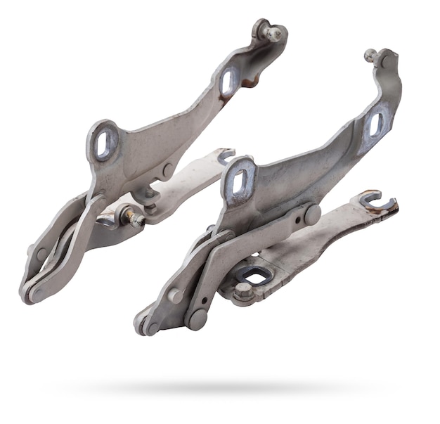 Pair of hinges for attaching the hood or trunk of the car on a white isolated background Auto parts for catalog and repair of vehicles