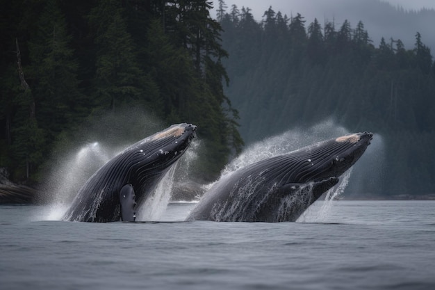 A pair of humpback whales breaching in tandem created with generative ai