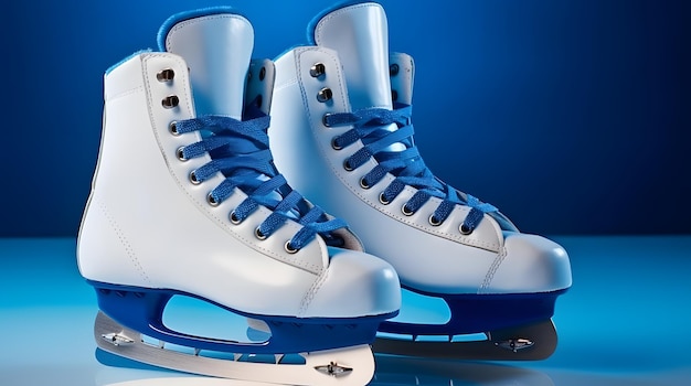 A pair of ice skates on a solid blue background