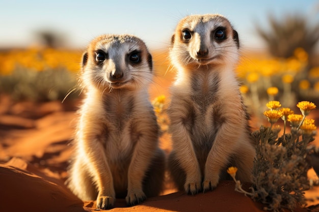 A pair of inquisitive meerkats standing on their hind legs