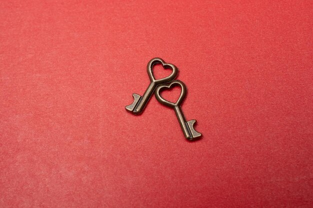 Pair of keys with heart or love icon with a retro key as love and romance concept