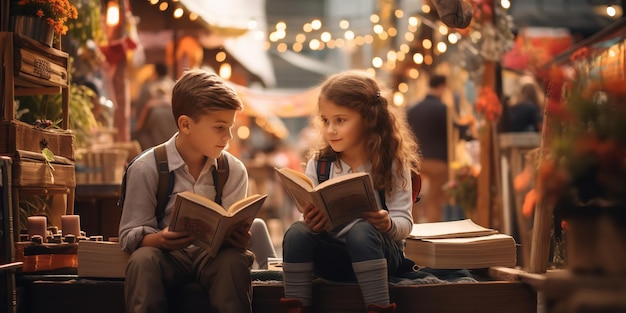 A pair of kids purchasing books at a book fair Generative Ai