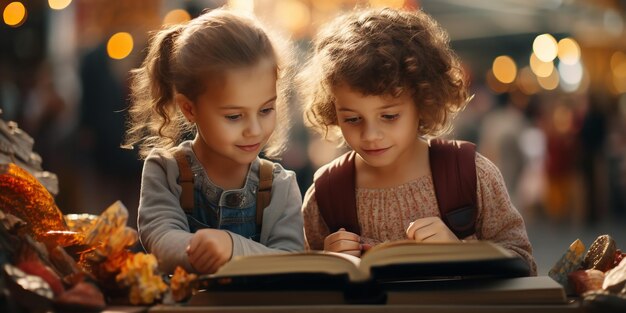 A pair of kids purchasing books at a book fair Generative Ai