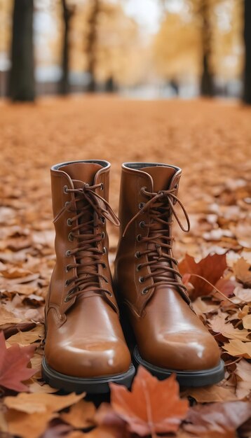 Photo a pair of leather boots covered in autumn leaves