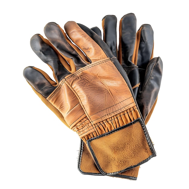 a pair of leather gloves with a brown leather band