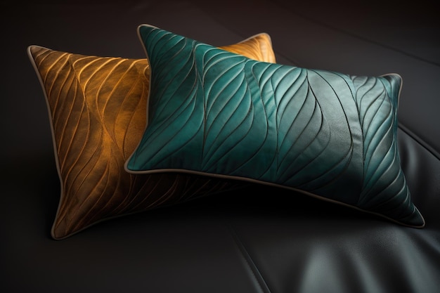 пара кожаных диванных подушек с зеленым и коричневым дизайном.